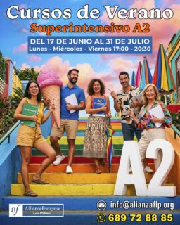 CURSOS DE VERANO - SUPERINTENSIVO A2✅😎
👉DEL 17 DE JUNIO AL 31 DE JULIO
👉LUNES - MIÉRCOLES - VIERNES DE 17:00 A 20:30
👉📲689 72 88 85
👉📧 info@alianzaflp.org

 #laspalmasdegrancanaria❤️ #alliancefrancaise #francesentuvida #aprenderfrancés #cursosdeverano #certificación #delfdalf #arte #cinema #cultura