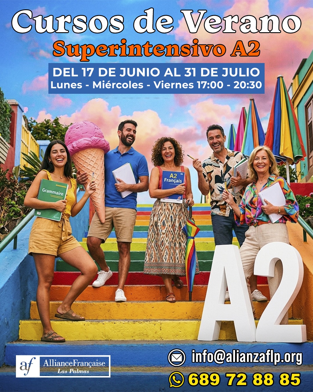 CURSOS DE VERANO - SUPERINTENSIVO A2✅😎
👉DEL 17 DE JUNIO AL 31 DE JULIO
👉LUNES - MIÉRCOLES - VIERNES DE 17:00 A 20:30
👉📲689 72 88 85
👉📧 info@alianzaflp.org

 #laspalmasdegrancanaria❤️ #alliancefrancaise #francesentuvida #aprenderfrancés #cursosdeverano #certificación #delfdalf #arte #cinema #cultura