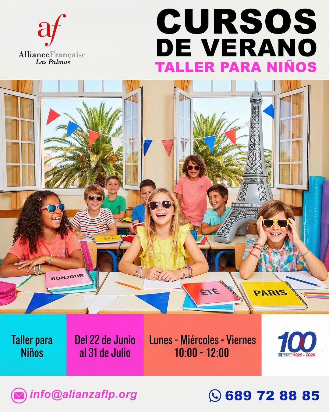 CURSOS DE VERANO - TALLER PARA NIÑOS✅😎
👉DEL 22 DE JUNIO AL 31 DE JULIO
👉LUNES - MIÉRCOLES - VIERNES DE 10:00 A 12:00
👉📲689 72 88 85
👉📧 info@alianzaflp.org

 #laspalmasdegrancanaria❤️ #alliancefrancaise #francesentuvida #aprenderfrancés #cursosdeverano #certificación #delfdalf #arte #cinema #cultura