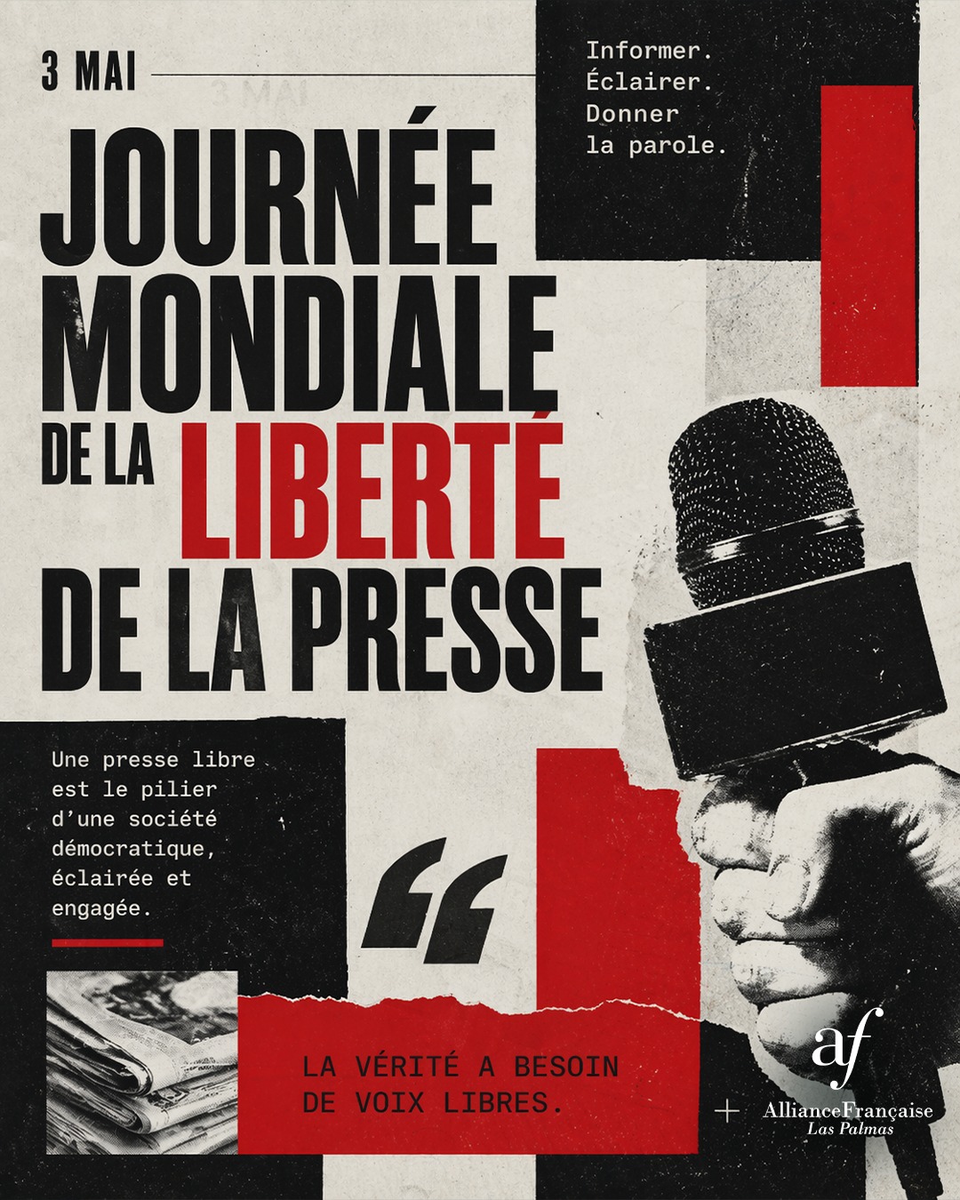 📣¡Hoy celebramos el Día Mundial de la Libertad de Prensa! Este día fue establecido por las Naciones Unidas para fomentar la libertad de prensa y destacar la importancia de proteger la independencia de los medios de comunicación. En la Alianza Francesa de Las Palmas, apoyamos la libertad de prensa y la libre expresión como valores fundamentales para una sociedad democrática y pluralista. ¡Feliz Día Mundial de la Libertad de Prensa! ✊

#alianzafrancesalaspalmas #aprenderfrancés #idiomaslaspalmas #culturafrancesa #aprenderidiomas ##díamundialdelalibertaddeprensa🗞