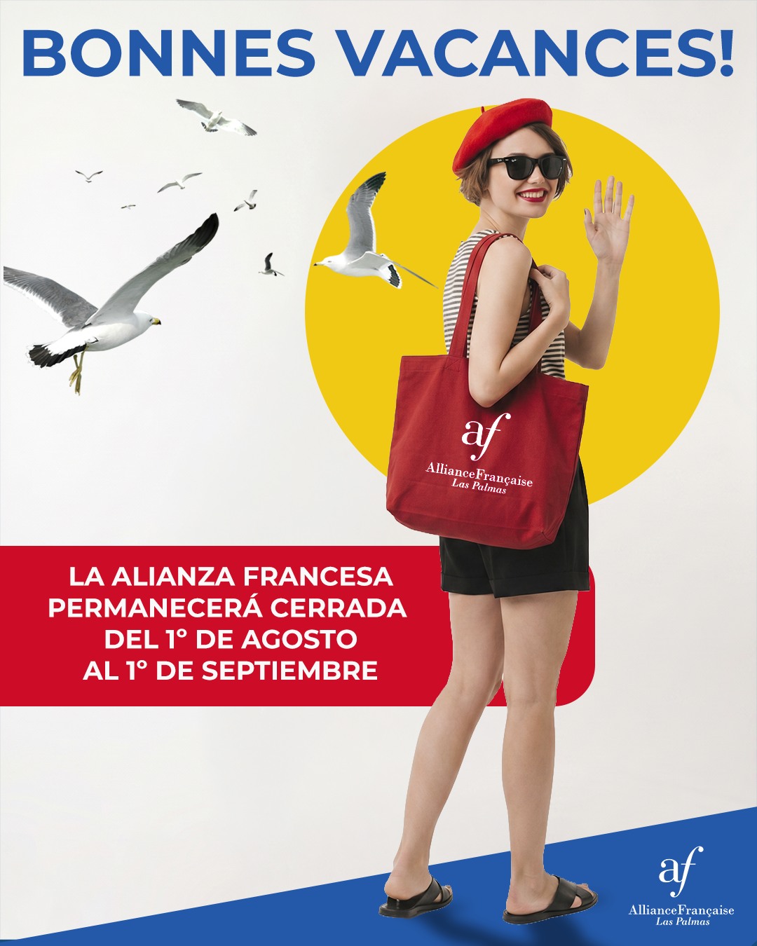 La Alianza francesa permanecerá cerrada del 1º de Agosto al 1º de Septiembre.✅
BONNES VACANCES!😍😎

#vacaciones😎 #laspalmasdegrancanaria❤️ #aprenderfrancés #francés #cultura #alianzafrancesalaspalmas #culturafrancesa #francesentuvida #delf #dalf #cursosdefrancés #estudiarfrances