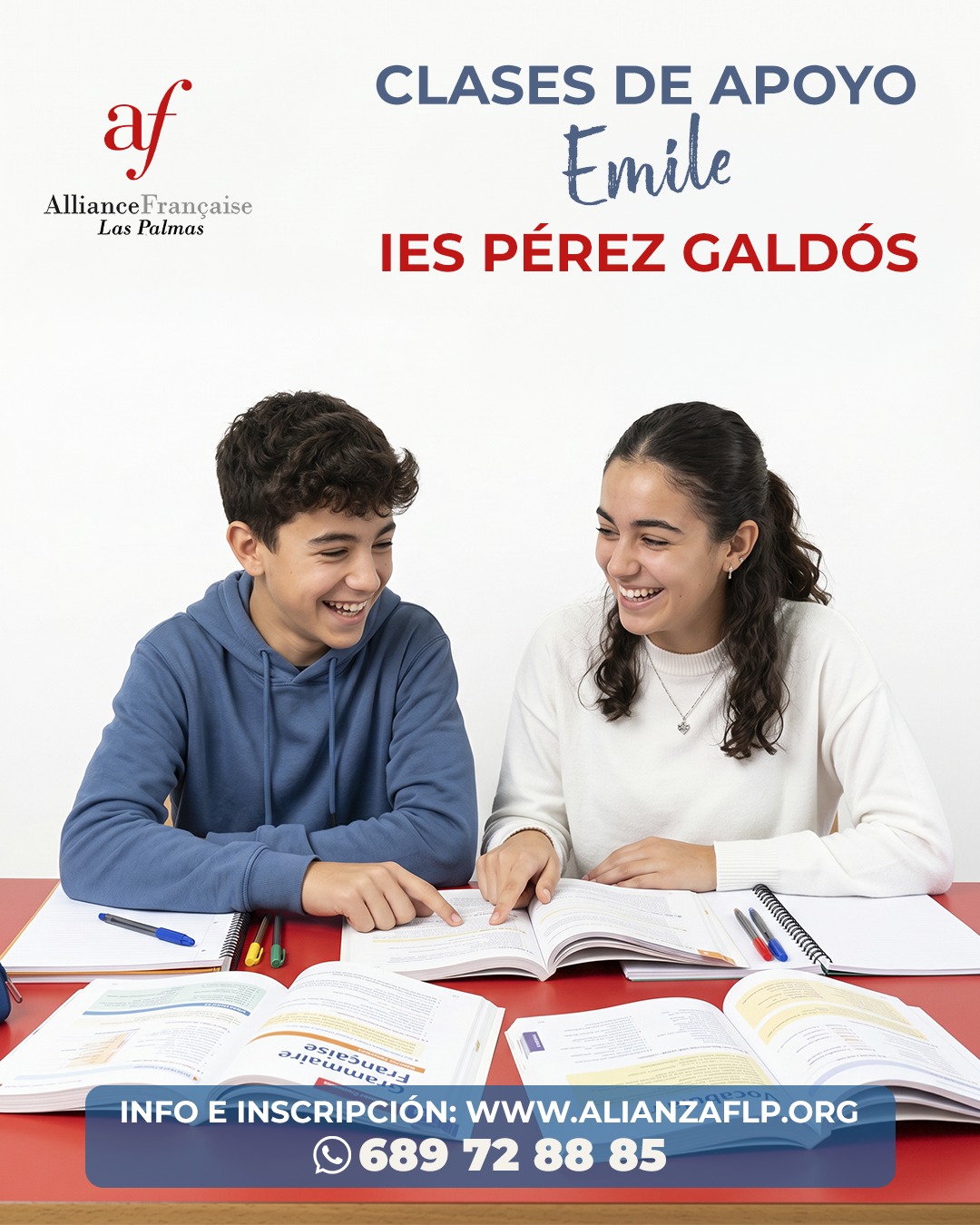 👉CLASES DE APOYO EMILE IES PÉREZ GALDÓS 🇫✅
Curso escolar 2026-2027
Con el objetivo de reforzar el aprendizaje del alumnado participante en el proyecto EMILE (Enseñanza de Materias Integradas en Lengua Extranjera), la Alianza Francesa de Las Palmas propone la organización de un curso de apoyo específico destinado a los estudiantes de la Sección Francófona del IES Pérez Galdós.
Este curso pretende acompañar al alumnado en el desarrollo de sus competencias lingüísticas en francés y facilitar la comprensión de los contenidos de las diferentes materias impartidas en esta lengua.
Objetivos
 • Reforzar las competencias de comprensión y expresión oral y escrita en francés. 
 • Consolidar las estructuras gramaticales y el vocabulario necesarios para el nivel correspondiente. 
 • Apoyar al alumnado en la comprensión de las asignaturas impartidas en francés dentro del proyecto EMILE. 
 • Desarrollar estrategias de aprendizaje y autonomía para afrontar con mayor seguridad las distintas materias. 
 • Atender las necesidades específicas de cada estudiante mediante grupos reducidos. 
Organización
Se propone un grupo por nivel educativo:
Día Nivel Horario
Lunes 1.º ESO 14:45 – 16:15
Martes 2.º ESO 14:45 – 16:15
Miércoles 3.º ESO 14:45 – 16:15
Jueves 4.º ESO 14:45 – 16:15

Periodo de realización:
Del 5 de octubre de 2026 al 22 de junio de 2027.
Carga lectiva:
 • 45 horas anuales por grupo. 
 • Una sesión semanal de 1h30.

#ClasesDeFrancés #clasesdeapoyoescolardefrances #francesentuvida  #alliancefrancaise #laspalmasdegrancanaria❤️ #delf #delfjunior #culturafrancesa #cursosdeverano #alianzafrancesalaspalmas #aprenderfrancés #dalf #francés #estudiarfrances #examendefrancés#alliancefrancaise #laspalmasdegrancanaria❤️ #delf #delfjunior #culturafrancesa #cursosdeverano #alianzafrancesalaspalmas #aprenderfrancés #dalf #francés #estudiarfrances #examendefrancés