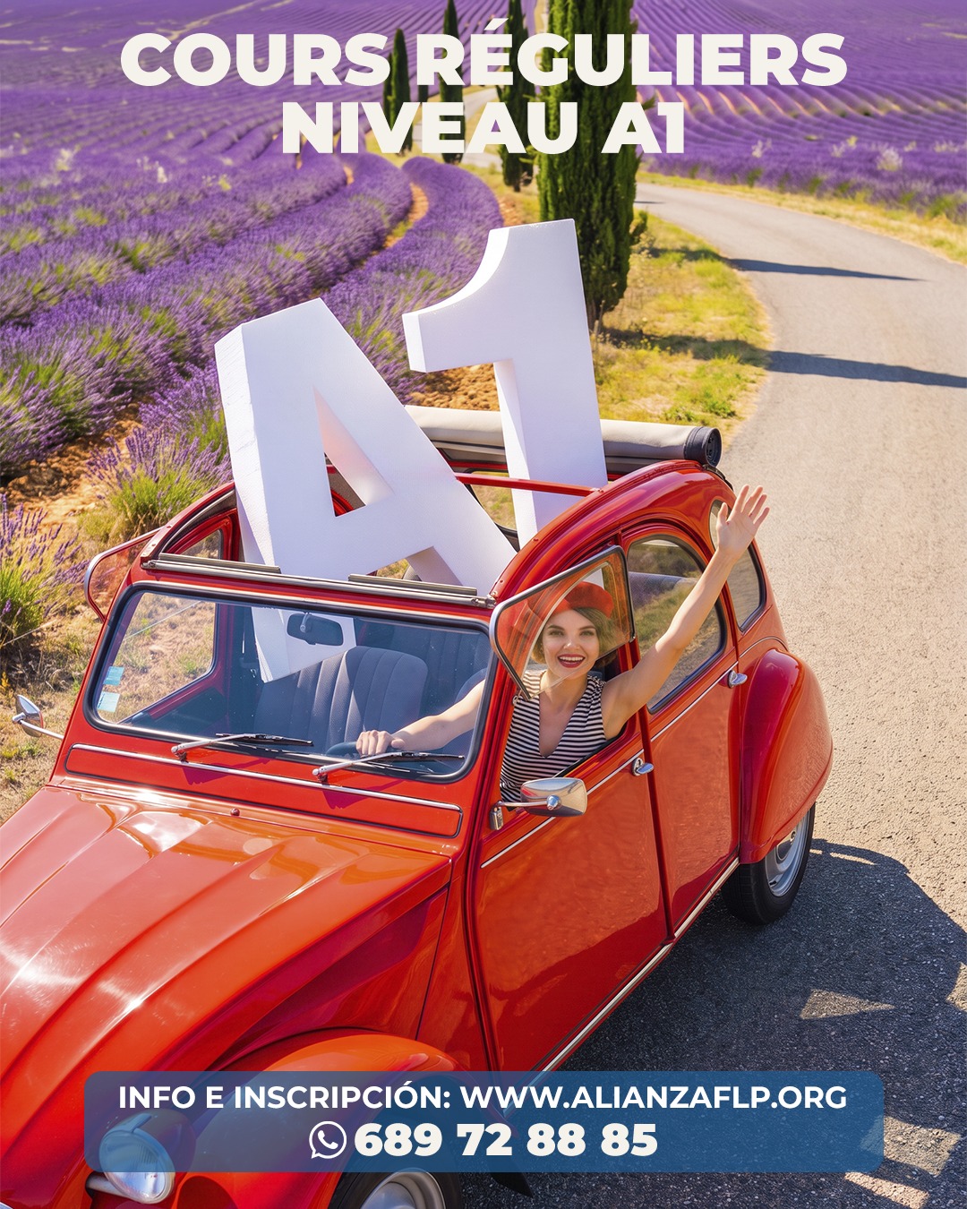🇫🇷 Todo gran viaje empieza con un primer paso. El tuyo puede ser **A1**.
Imagina recorrer los campos de lavanda, parar por un croissant y animarte a pedirlo en francés. 🥐💜
Con el curso regular de **nivel A1 de la Alianza Francesa de Las Palmas**, empieza tu camino en el idioma y descubre todo lo que viene después.
🚗 ¿Nos acompañas en este viaje? Consulta la información e inscríbete en **www.alianzaflp.org**.

#AlianzaFrancesaLasPalmas #FrancésA1 #AprenderFrancés #CursosDeFrancés #LasPalmasDeGranCanaria #FrancésDesdeCero #CulturaFrancesa